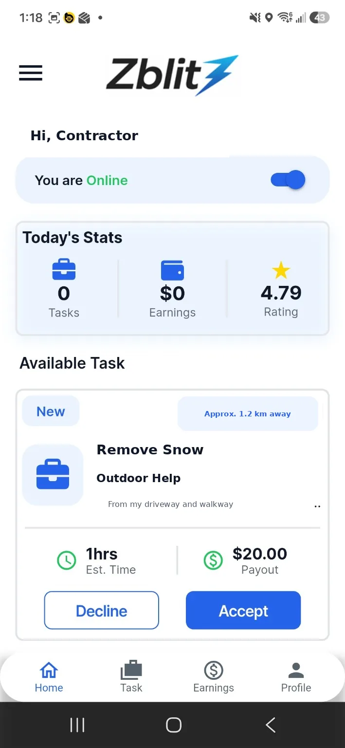 Zblit Contractor App screen showing online status, stats, and a nearby remove snow task