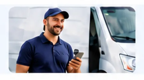 Friendly Zblit contractor standing beside a van while holding a phone