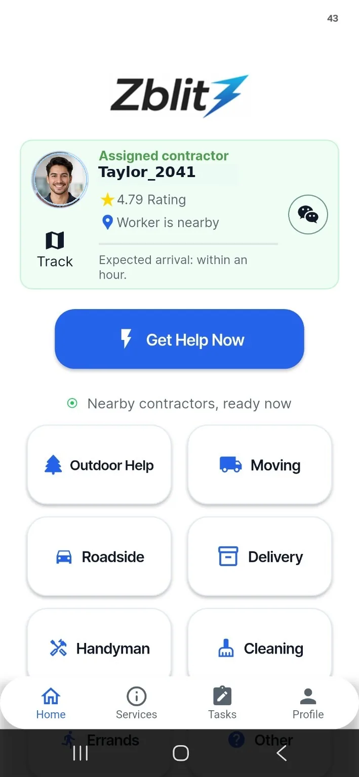 Zblit user app home screen showing assigned contractor and service categories