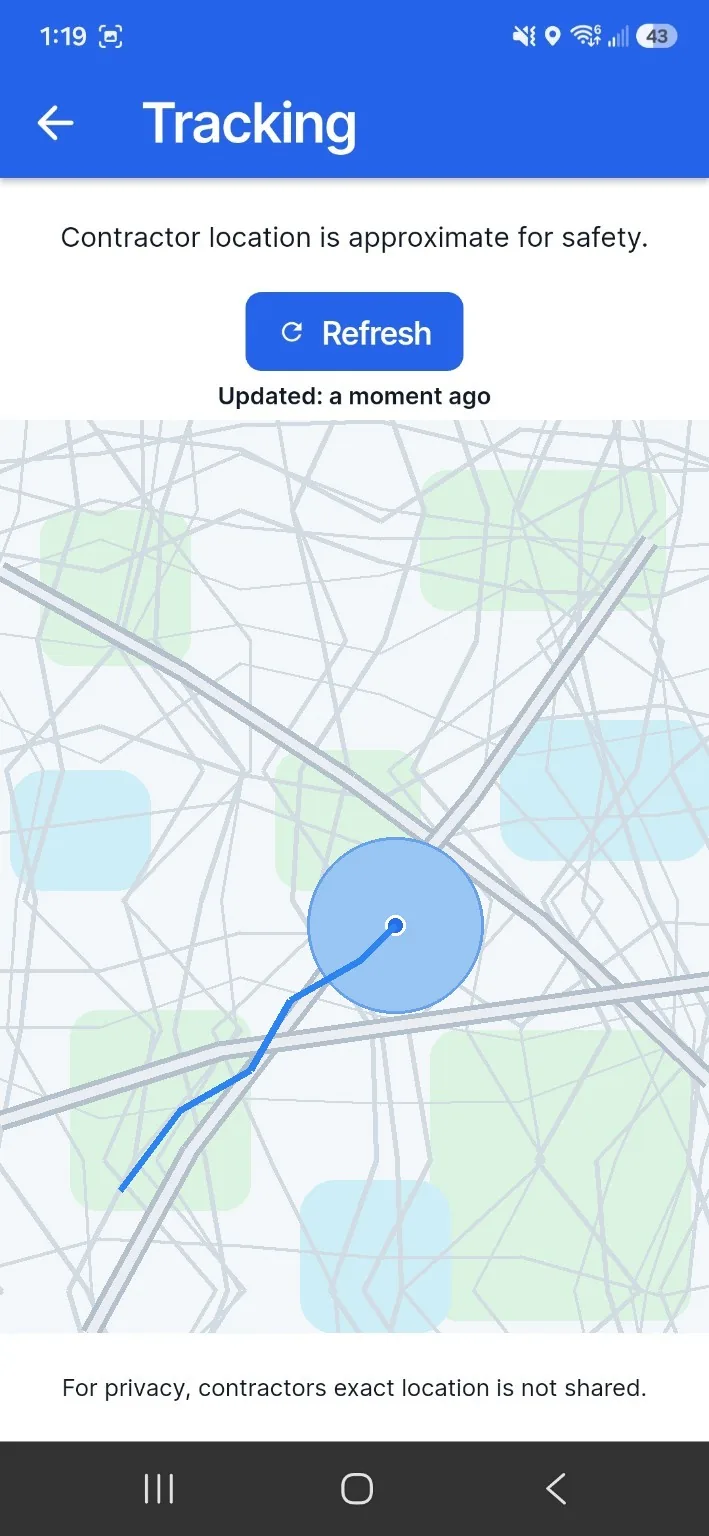 Zblit tracking screen showing approximate contractor location on a map